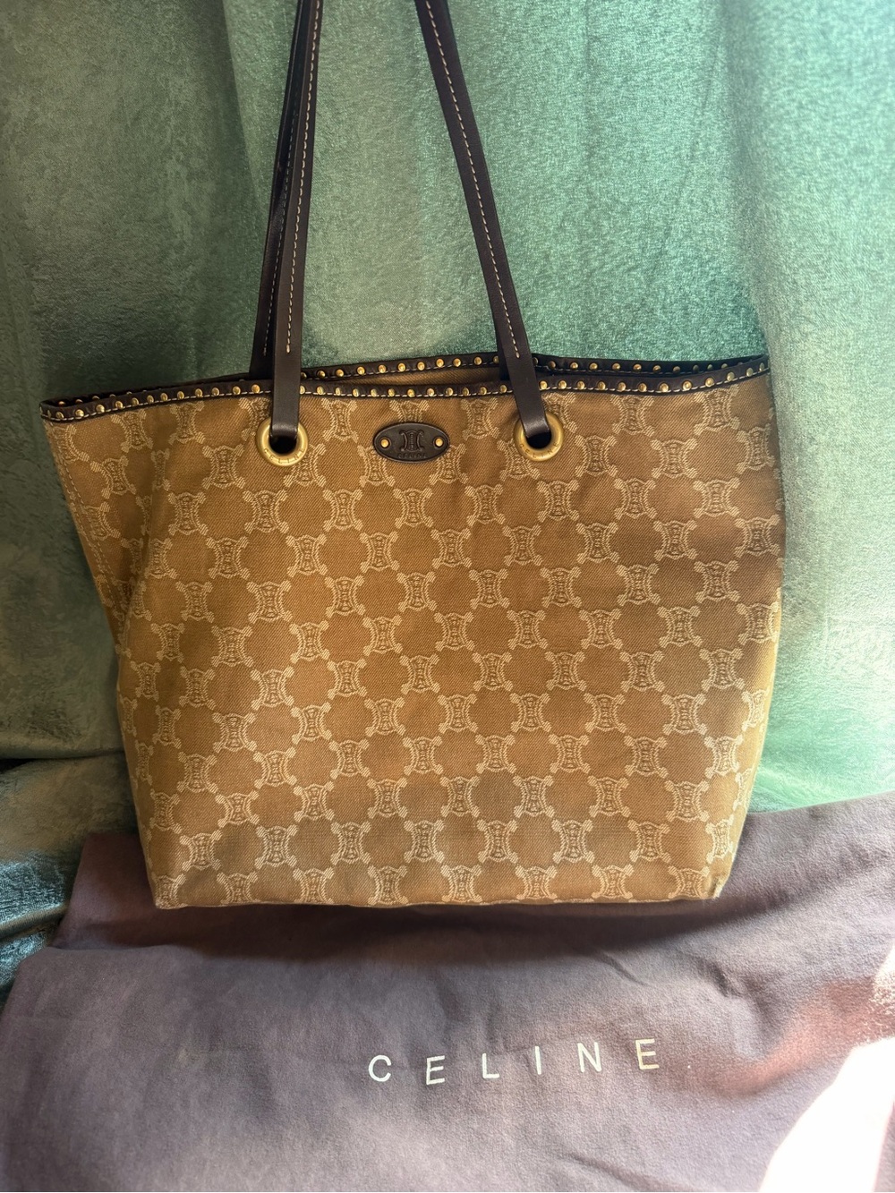 Celine Tan Monogram Canvas Tote with Dark Brown Leather Straps